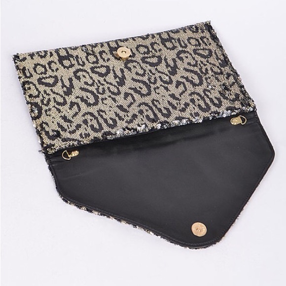 Metallic Gold Leopard Animal Print Sequins Envelope Clutch Bag - Picture 3 of 5